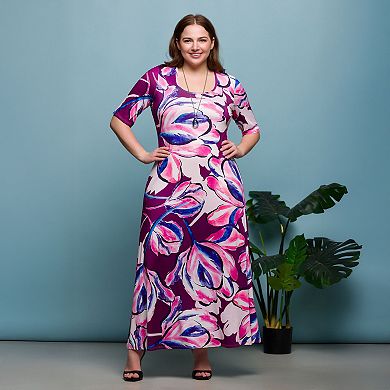 Plus Size 24Seven Comfort Apparel Floral Print Elbow Sleeve A-Line Maxi Dress