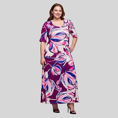 Plus Size 24Seven Comfort Apparel Floral Print Elbow Sleeve A-Line Maxi Dress