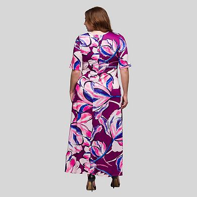 Plus Size 24Seven Comfort Apparel Floral Print Elbow Sleeve A-Line Maxi Dress