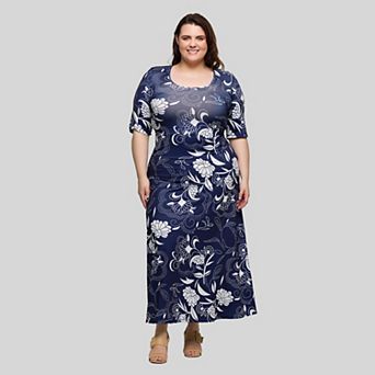 Plus Size 24Seven Comfort Apparel Floral Print Elbow Sleeve A-Line Maxi Dress
