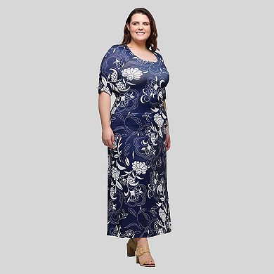 Plus Size 24Seven Comfort Apparel Floral Print Elbow Sleeve A-Line Maxi Dress