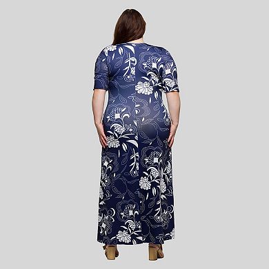 Plus Size 24Seven Comfort Apparel Floral Print Elbow Sleeve A-Line Maxi Dress