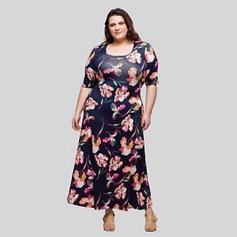 Plus Size 24Seven Comfort Apparel Floral Print Elbow Sleeve A-Line Maxi Dress
