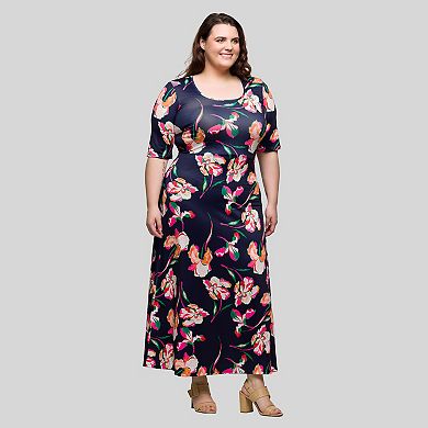 Plus Size 24Seven Comfort Apparel Floral Print Elbow Sleeve A-Line Maxi Dress