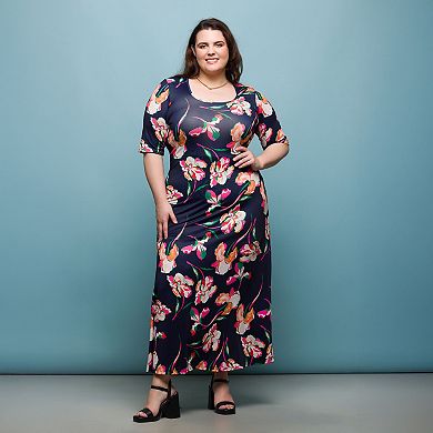 Plus Size 24Seven Comfort Apparel Floral Print Elbow Sleeve A-Line Maxi Dress