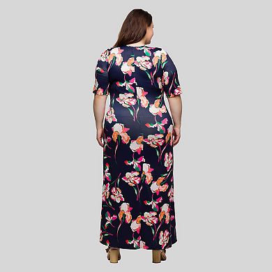 Plus Size 24Seven Comfort Apparel Floral Print Elbow Sleeve A-Line Maxi Dress