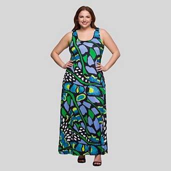 Plus Size 24Seven Comfort Apparel Butterfly Print Scoop Neck A-Line Maxi Dress