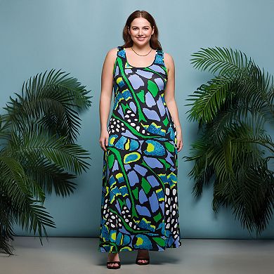 Plus Size 24Seven Comfort Apparel Butterfly Print Scoop Neck A-Line Maxi Dress