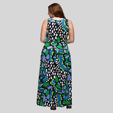 Plus Size 24Seven Comfort Apparel Butterfly Print Scoop Neck A-Line Maxi Dress