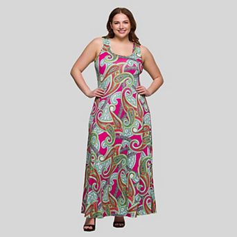 Plus Size 24Seven Comfort Apparel Paisley Print Scoop Neck A-Line Maxi Dress