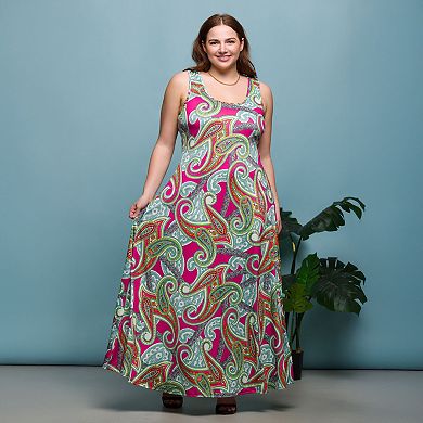 Plus Size 24Seven Comfort Apparel Paisley Print Scoop Neck A-Line Maxi Dress