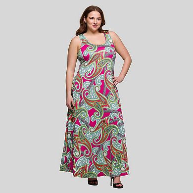 Plus Size 24Seven Comfort Apparel Paisley Print Scoop Neck A-Line Maxi Dress