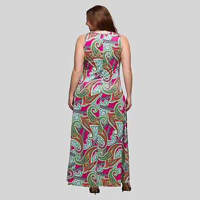 Plus Size 24Seven Comfort Apparel Paisley Print Scoop Neck A-Line Maxi Dress