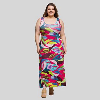 Plus Size 24Seven Comfort Apparel Floral Scoop Neck A-Line Maxi Dress