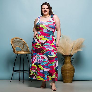 Plus Size 24Seven Comfort Apparel Floral Scoop Neck A-Line Maxi Dress