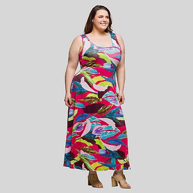 Plus Size 24Seven Comfort Apparel Floral Scoop Neck A-Line Maxi Dress