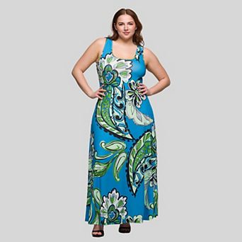 Plus Size 24Seven Comfort Apparel A-Line Paisley Print Sleeveless Maxi Dress