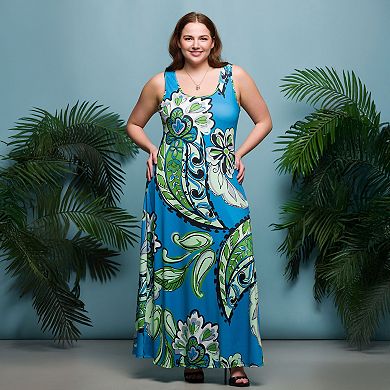 Plus Size 24Seven Comfort Apparel A-Line Paisley Print Sleeveless Maxi Dress