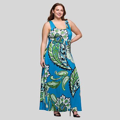 Plus Size 24Seven Comfort Apparel A-Line Paisley Print Sleeveless Maxi Dress