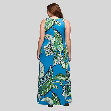 Plus Size 24Seven Comfort Apparel A-Line Paisley Print Sleeveless Maxi Dress
