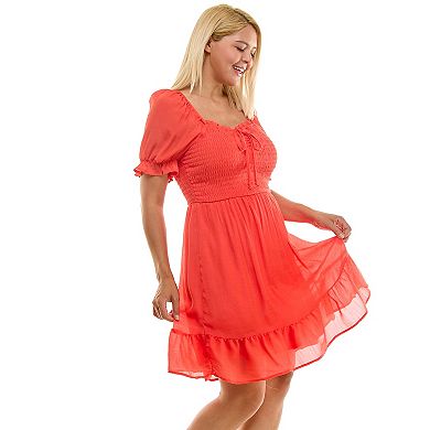 Juniors' Plus As U Wish Puff Sleeve Smocked Ruffle Mini Dress