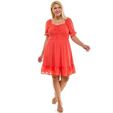 Juniors' Plus As U Wish Puff Sleeve Smocked Ruffle Mini Dress