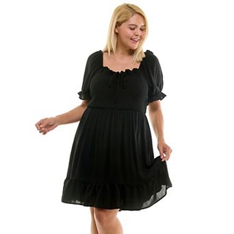 Juniors' Plus As U Wish Puff Sleeve Smocked Ruffle Mini Dress