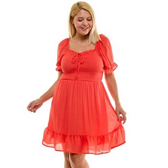 Juniors' Plus As U Wish Puff Sleeve Smocked Ruffle Mini Dress