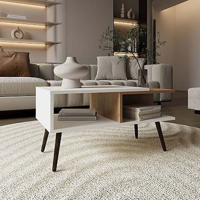 Drexel Coffee Table, 2 Shelves, 4 Legs, White / Natural Oak