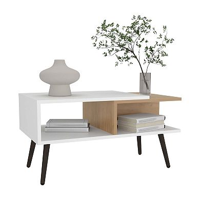 Drexel Coffee Table, 2 Shelves, 4 Legs, White / Natural Oak