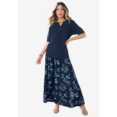 Roaman's Women's Plus Size Ultrasmooth Fabric V Neck Tee With Chain Detail