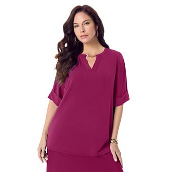 Roaman's Women's Plus Size Ultrasmooth Fabric V Neck Tee With Chain Detail