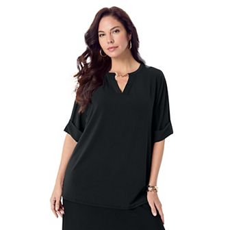 Roaman's Women's Plus Size Ultrasmooth Fabric V Neck Tee With Chain Detail