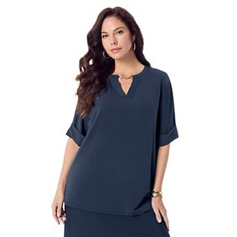 Roaman's Women's Plus Size Ultrasmooth Fabric V Neck Tee With Chain Detail