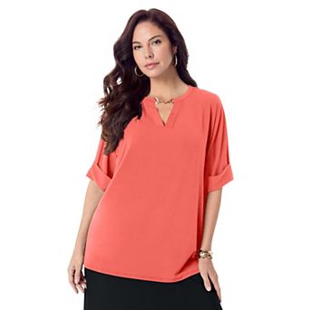 Roaman's Women's Plus Size Ultrasmooth Fabric V Neck Tee With Chain Detail