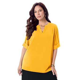 Roaman's Women's Plus Size Ultrasmooth Fabric V Neck Tee With Chain Detail