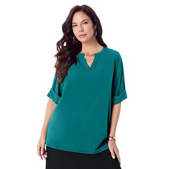 Roaman's Women's Plus Size Ultrasmooth Fabric V Neck Tee With Chain Detail