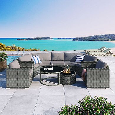 Merax 9-Pieces Outdoor Half-moon Patio Sofa Set, Round Sofa Set, Modern Style Sofa