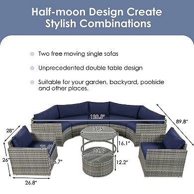 Merax 9-Pieces Outdoor Half-moon Patio Sofa Set, Round Sofa Set, Modern Style Sofa