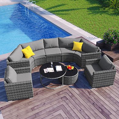 Merax 9-Pieces Outdoor Half-moon Patio Sofa Set, Round Sofa Set, Modern Style Sofa