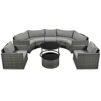 Merax 9 pc Outdoor Half-moon Patio Sofa Set, Round Sofa Set, Modern Style Sofa