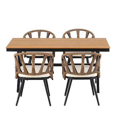 Merax Contemporary Outdoor Set with PE Rattan Chairs and Plastic Wood Table