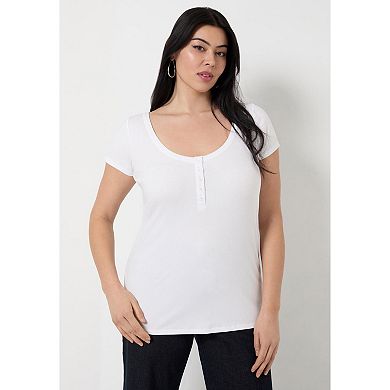 June + Vie Women's Plus Size Ribbed Henley Top