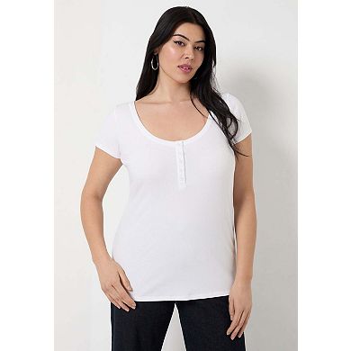 June & Vie Women's Plus Size Ribbed Henley Top