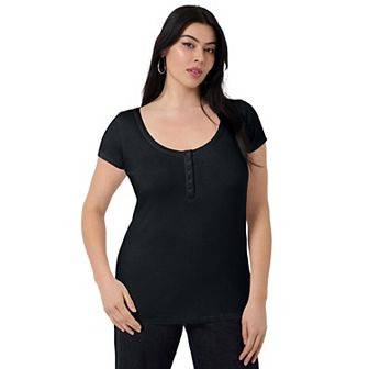 June + Vie Women's Plus Size Ribbed Henley Top