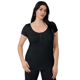 June + Vie Women's Plus Size Ribbed Henley Top