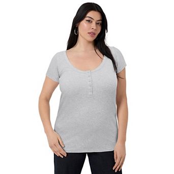 June + Vie Women's Plus Size Ribbed Henley Top