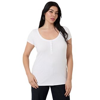 June + Vie Women's Plus Size Ribbed Henley Top