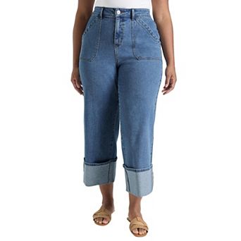 June + Vie Women's Plus Size Wide-Leg Cropped Cuffed Jeans