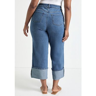 June + Vie Women's Plus Size Wide-Leg Cropped Cuffed Jeans